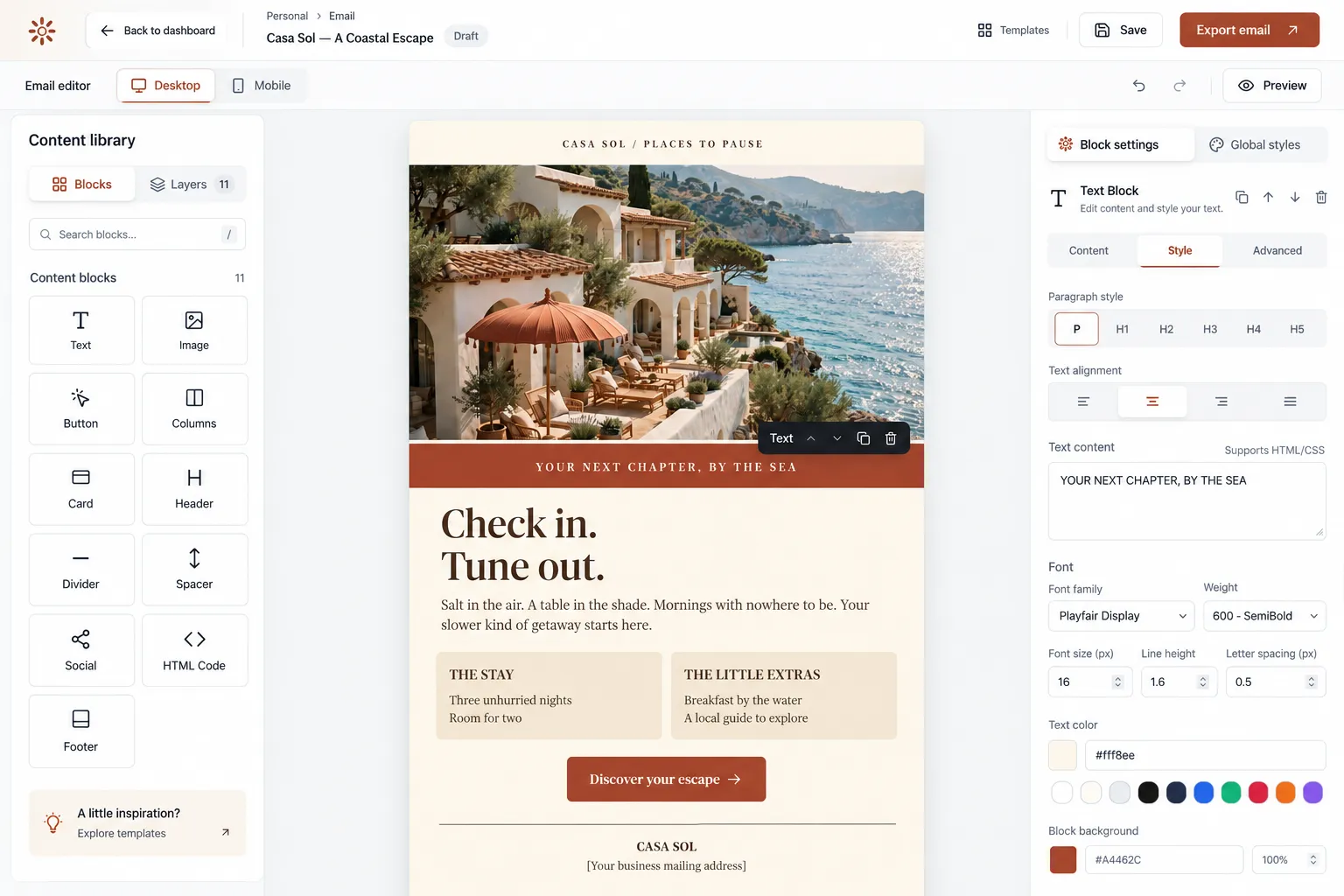 Lettershape email editor showing a Casa Sol coastal getaway email, with content blocks on the left and text styling controls on the right.